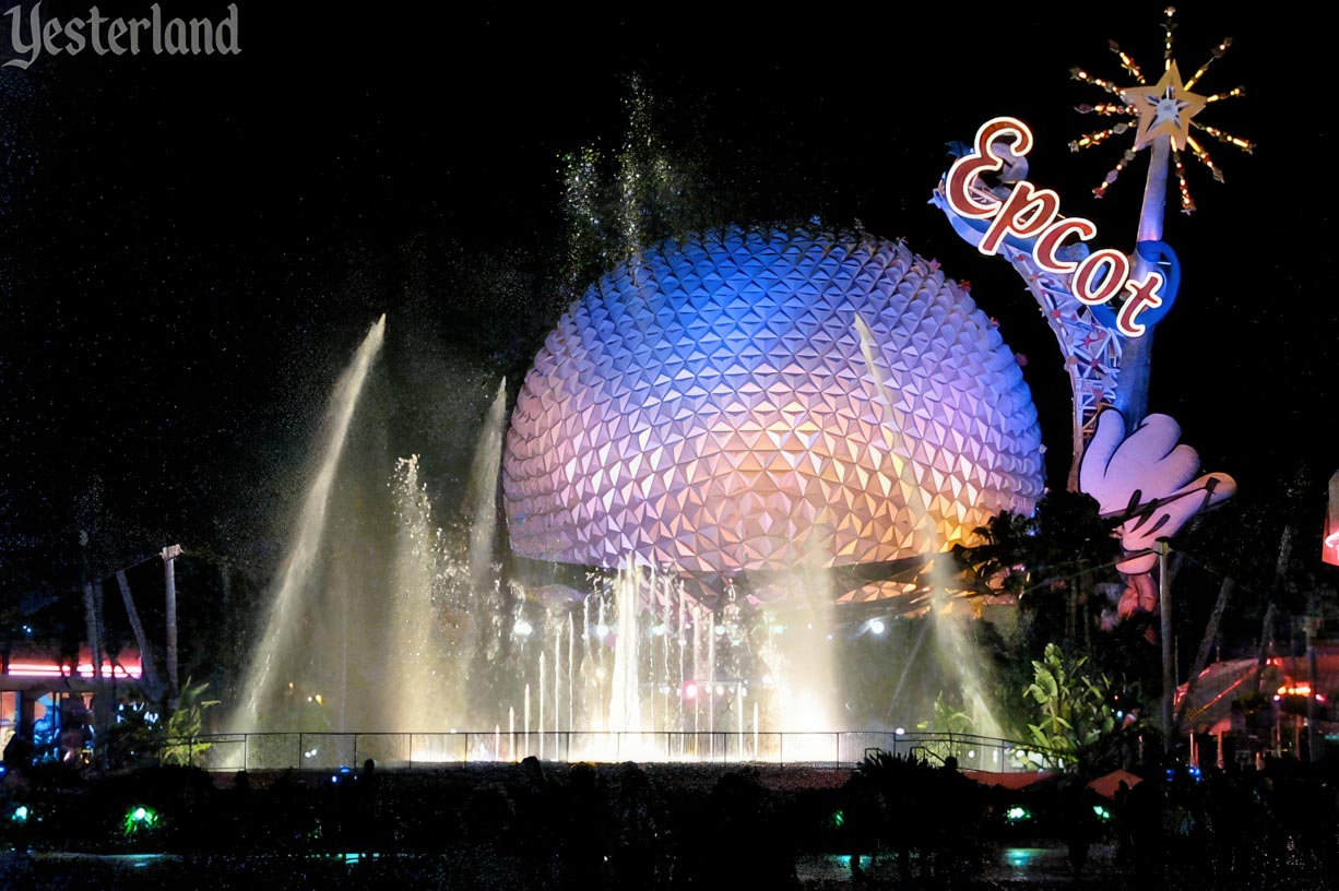 Epcot Icon Tower and Spaceship Earth with fountain at night